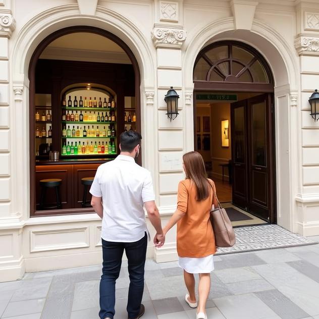 A couple arriving hand in hand at a boutique hotel entrance