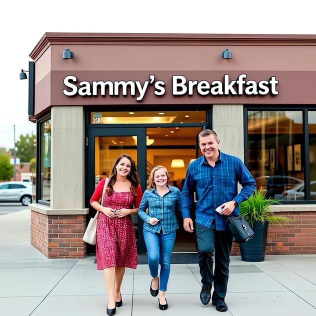A family leaving Sammy's Breakfast, smiling