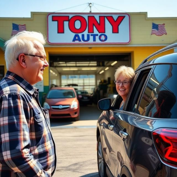 A customer picking up her car at Tony Auto, chatting with the owner